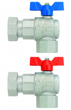 Кран шаровой угловой EVOLUTION с фитингом 1/2" (ВР) x 3/4" (нак.гайка), бабочка, крас.