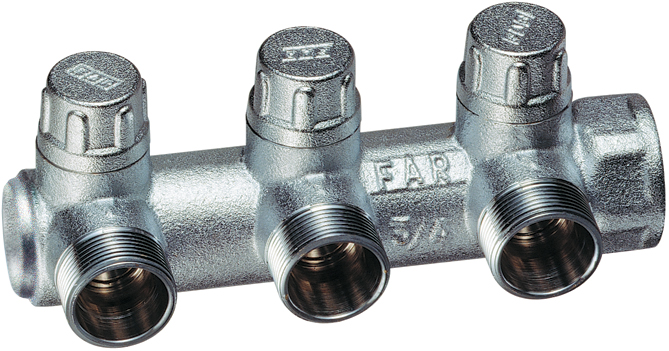 Запорный коллектор 3/4" с 3 отв. 1/2"НР (межосев. 45 мм) ,концевой