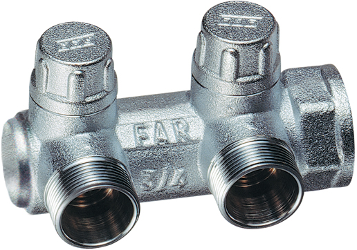 Запорный коллектор 3/4" с 2 отв. 1/2"НР (межосев. 45 мм), концевой